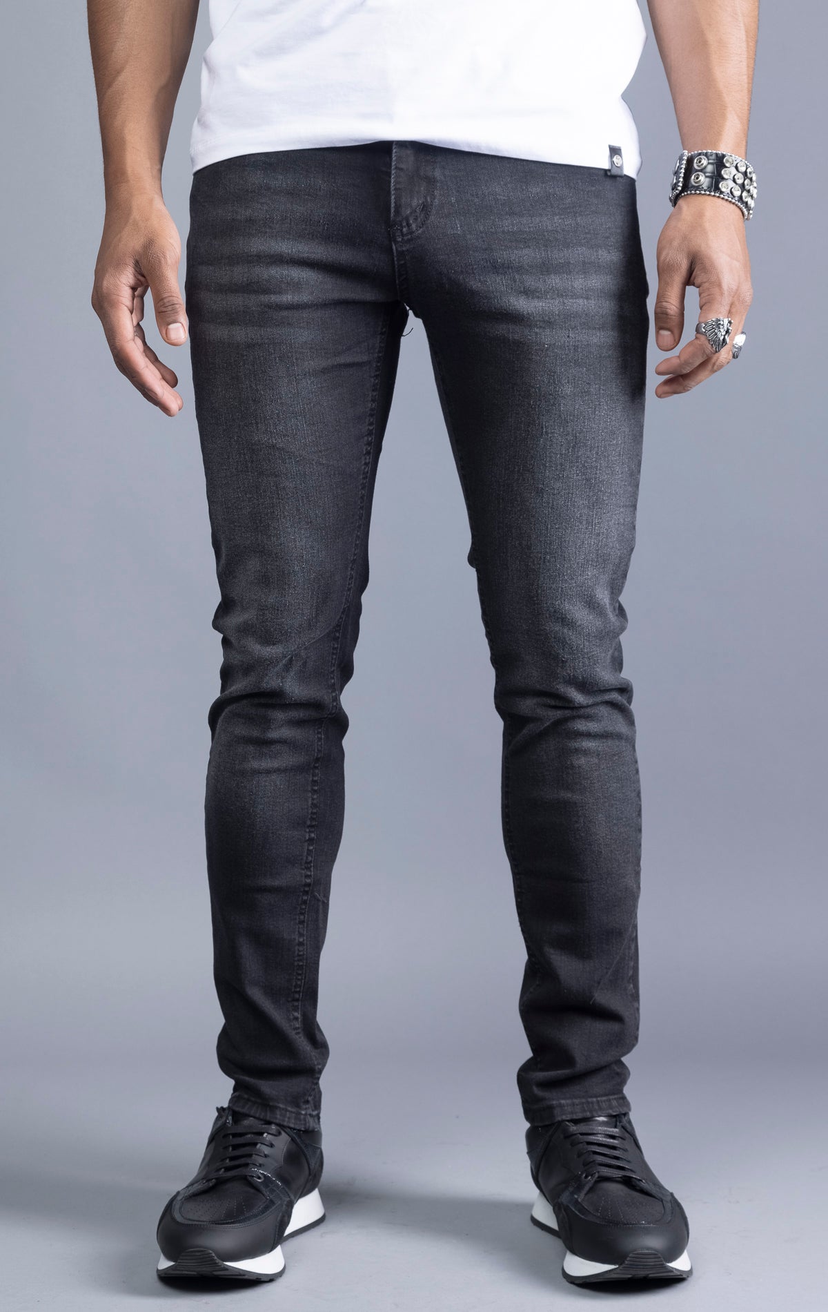 Men's slim fit stretch jeans in denim for a stylish and comfortable look.