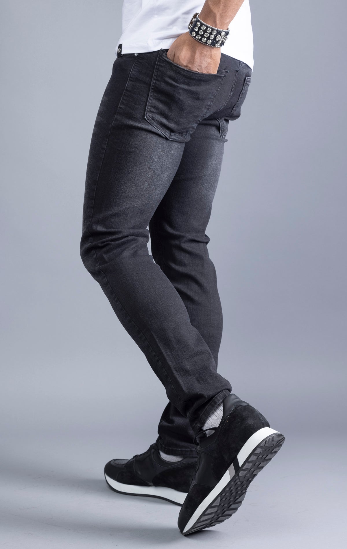 Men's slim fit stretch jeans in denim for a stylish and comfortable look.