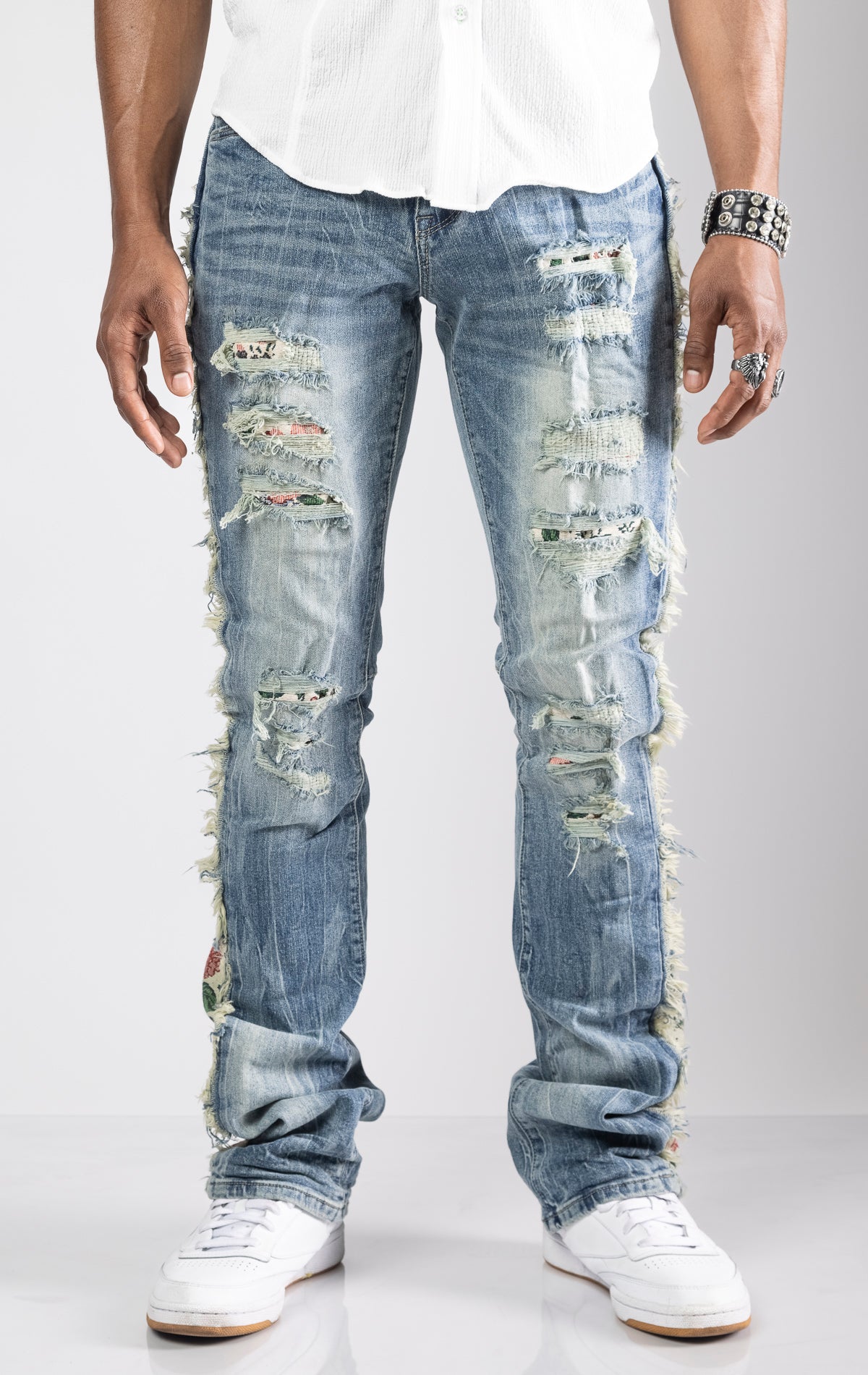 Tapestry Insert Stacked Denim Jeans in Hillside Blue. Slim fit jeans with stacked effect at the ankle.