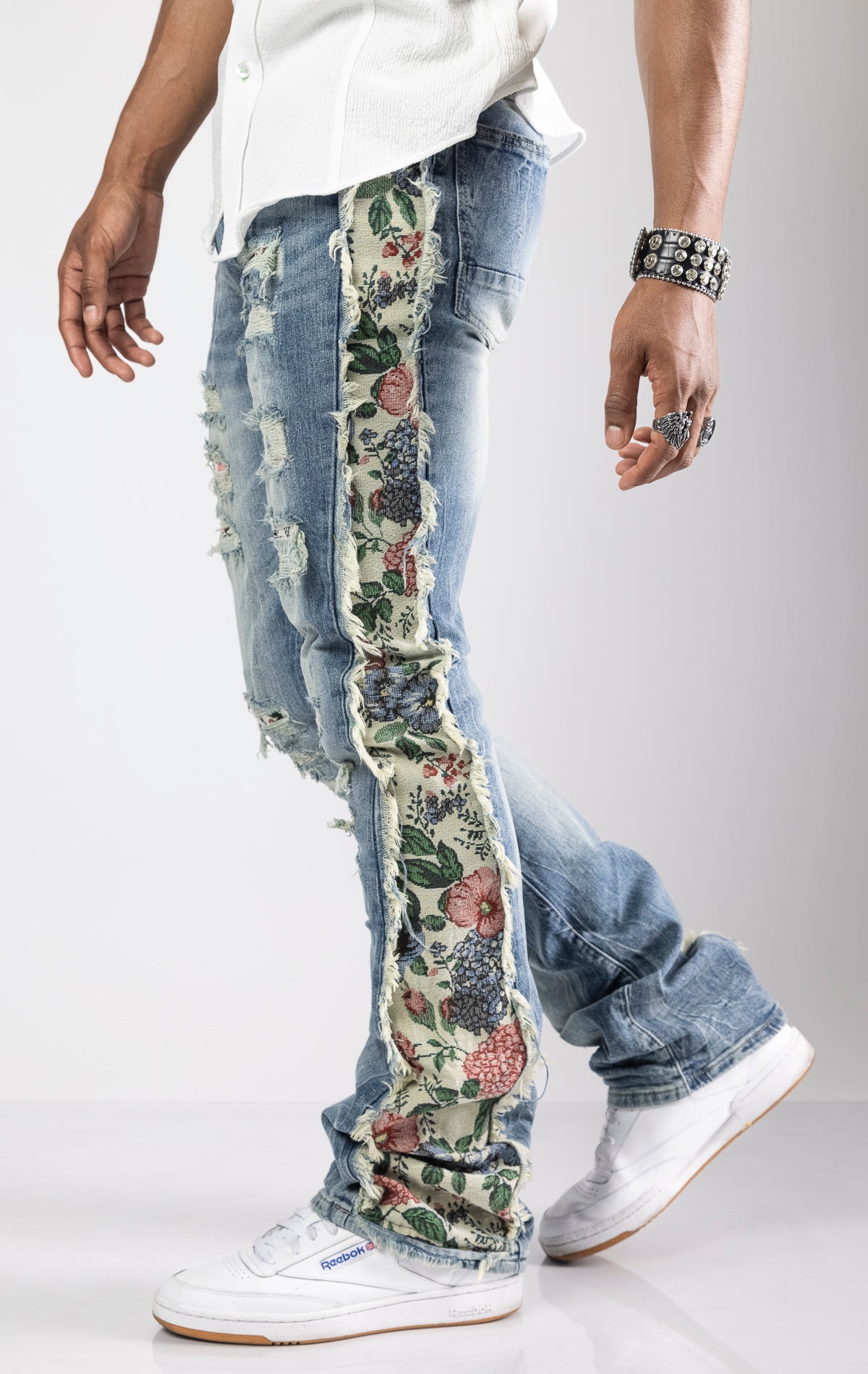Tapestry Insert Stacked Denim Jeans in Hillside Blue. Slim fit jeans with stacked effect at the ankle.