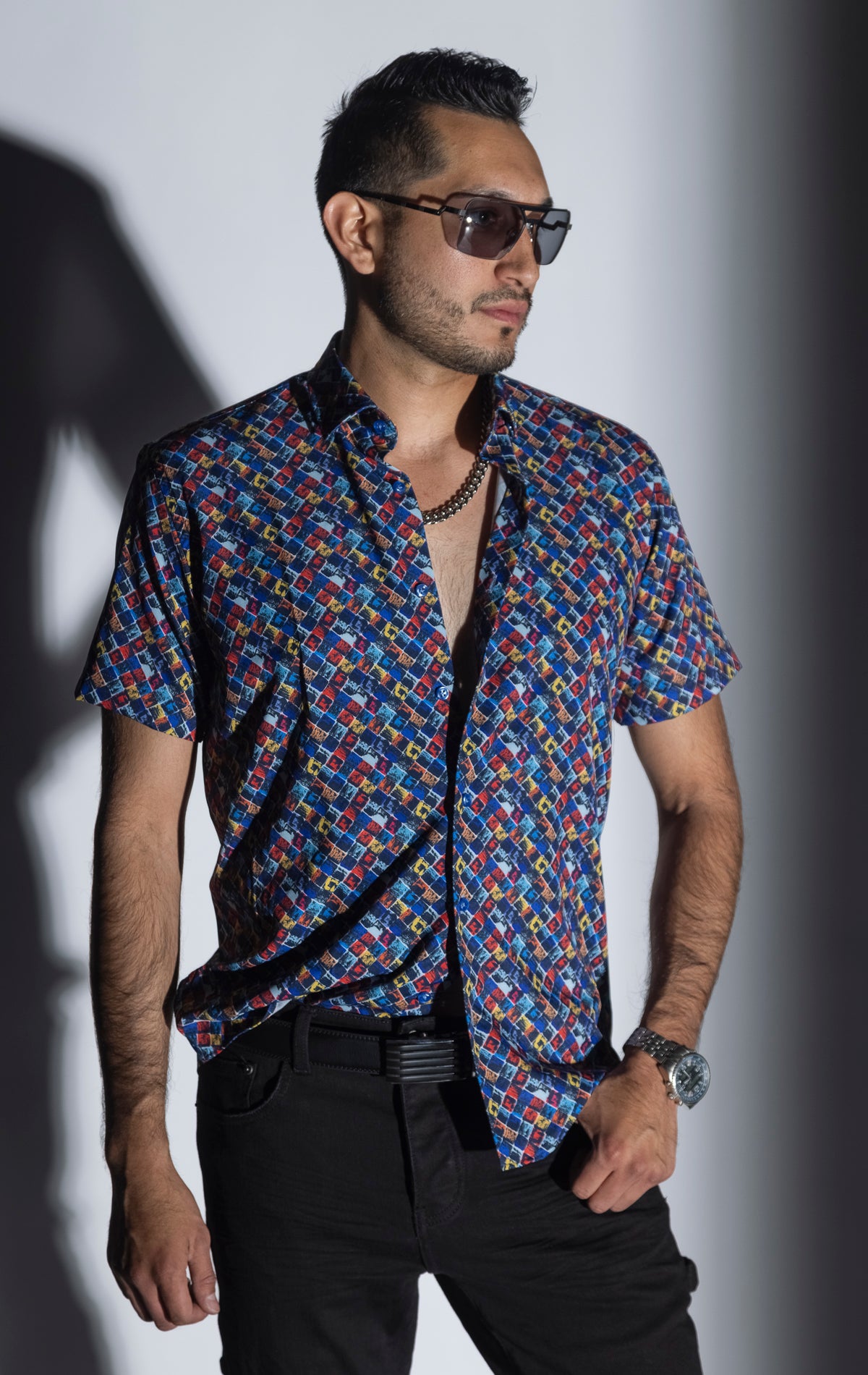 Multi color button up, short sleeve shirt