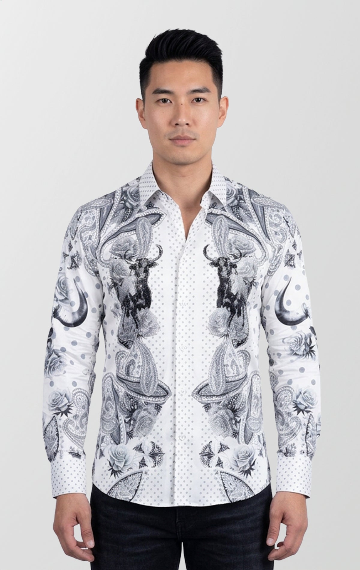 Rhinestone Baroque Bull Skull | Long-Sleeve Shirt White / M Rhinestone Baroque Bull Skull | Long-Sleeve Shirt White / M