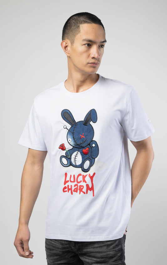 Update your wardrobe with this trendy short sleeves crewneck featuring a lucky denim bunny graphic on the front.
