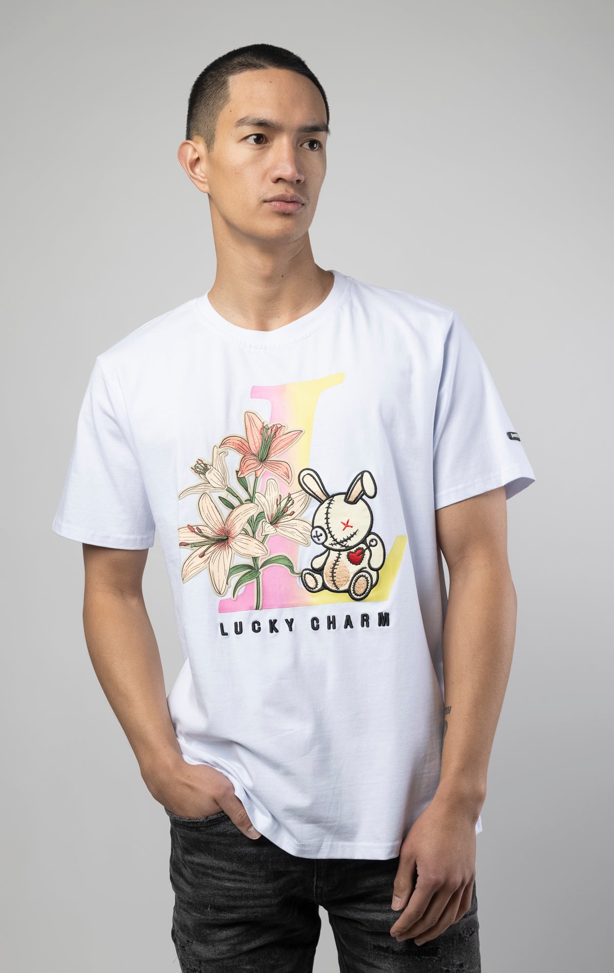 BKYS L lucky charm, t-shirt with bunny graphic on the front