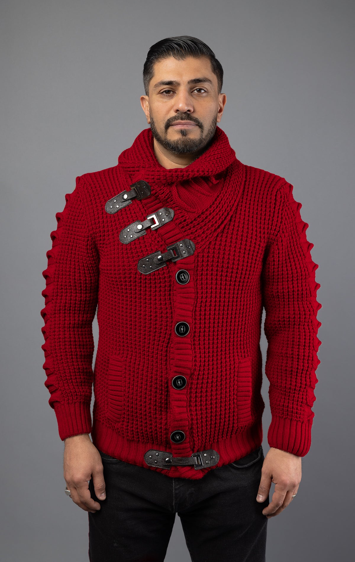 Model wearing dark red versatile, high-quality sweater designed with heavy weight material to be worn in multiple ways