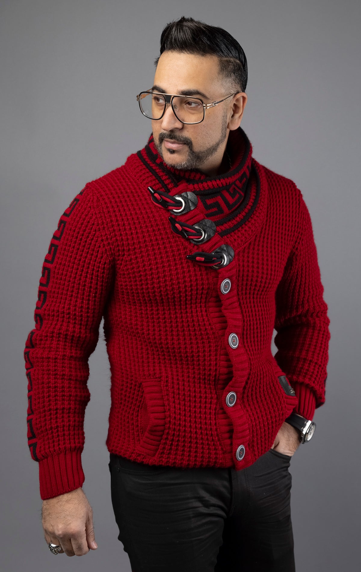 Red slim-fit luxury sweater. Featuring a heavy weight construction