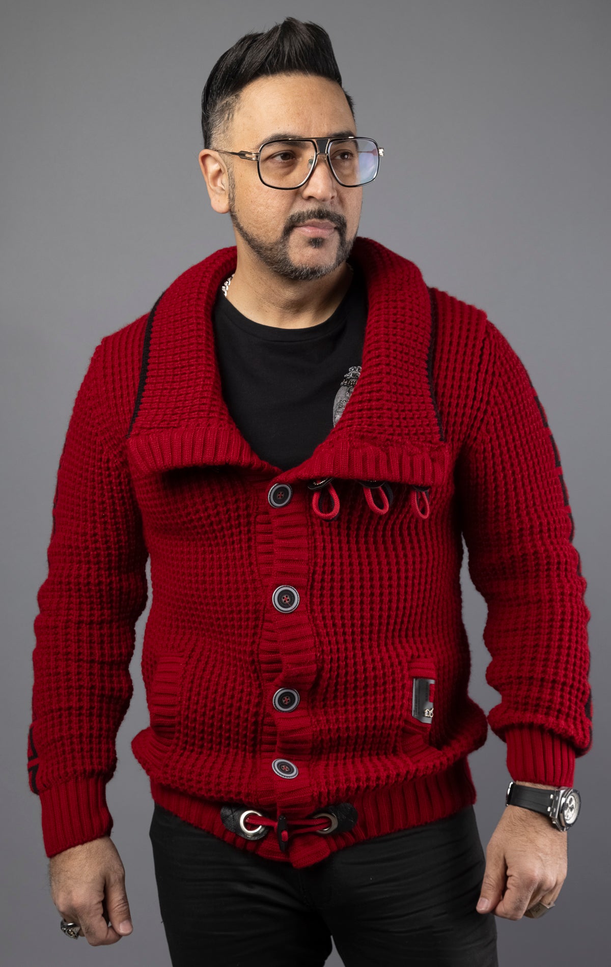 Red slim-fit luxury sweater. Featuring a heavy weight construction