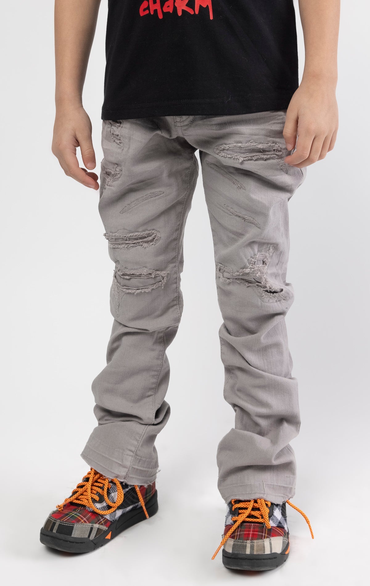 Grey Extended length flare pants for maximum stacks.