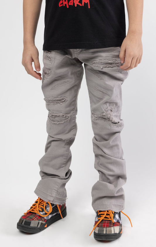 Grey Extended length flare pants for maximum stacks.