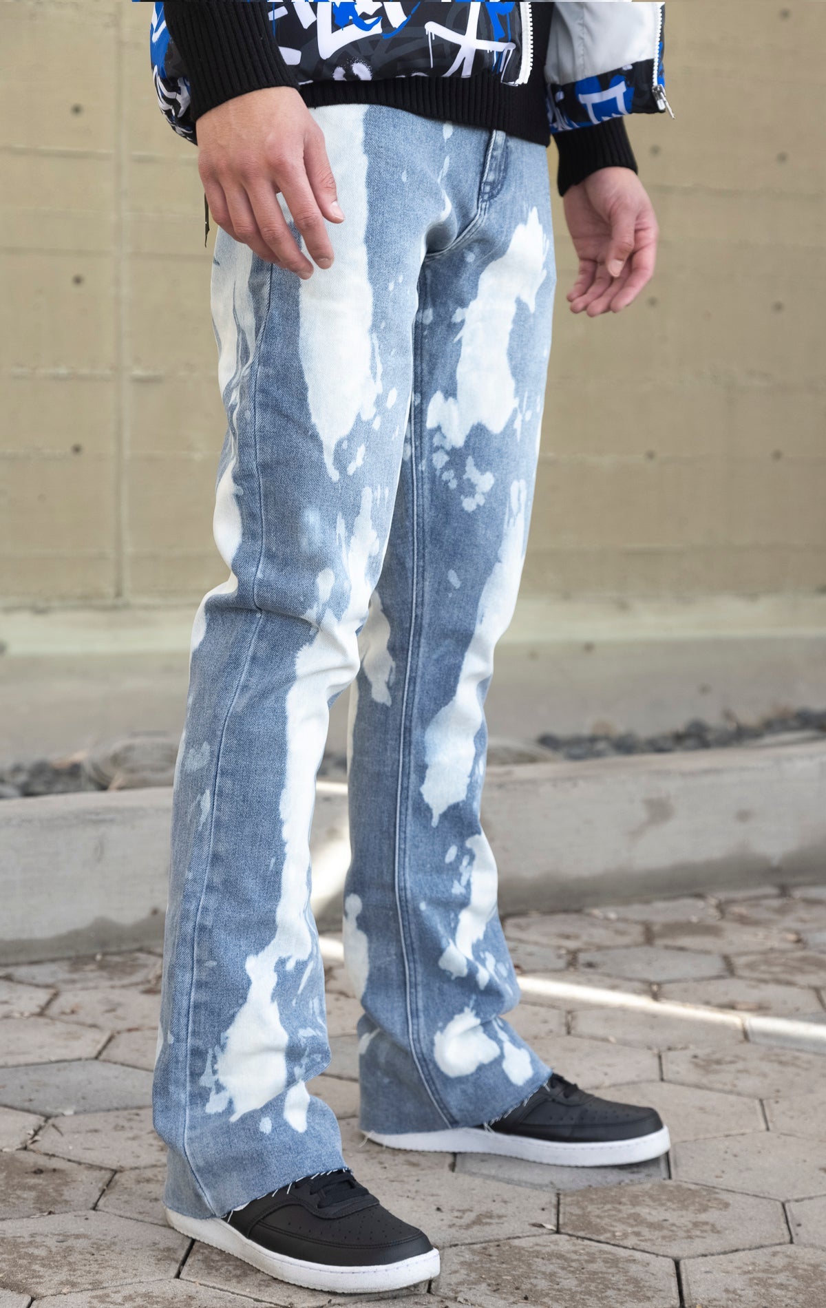 Indigo stacked flare jeans with a bleach wash finish