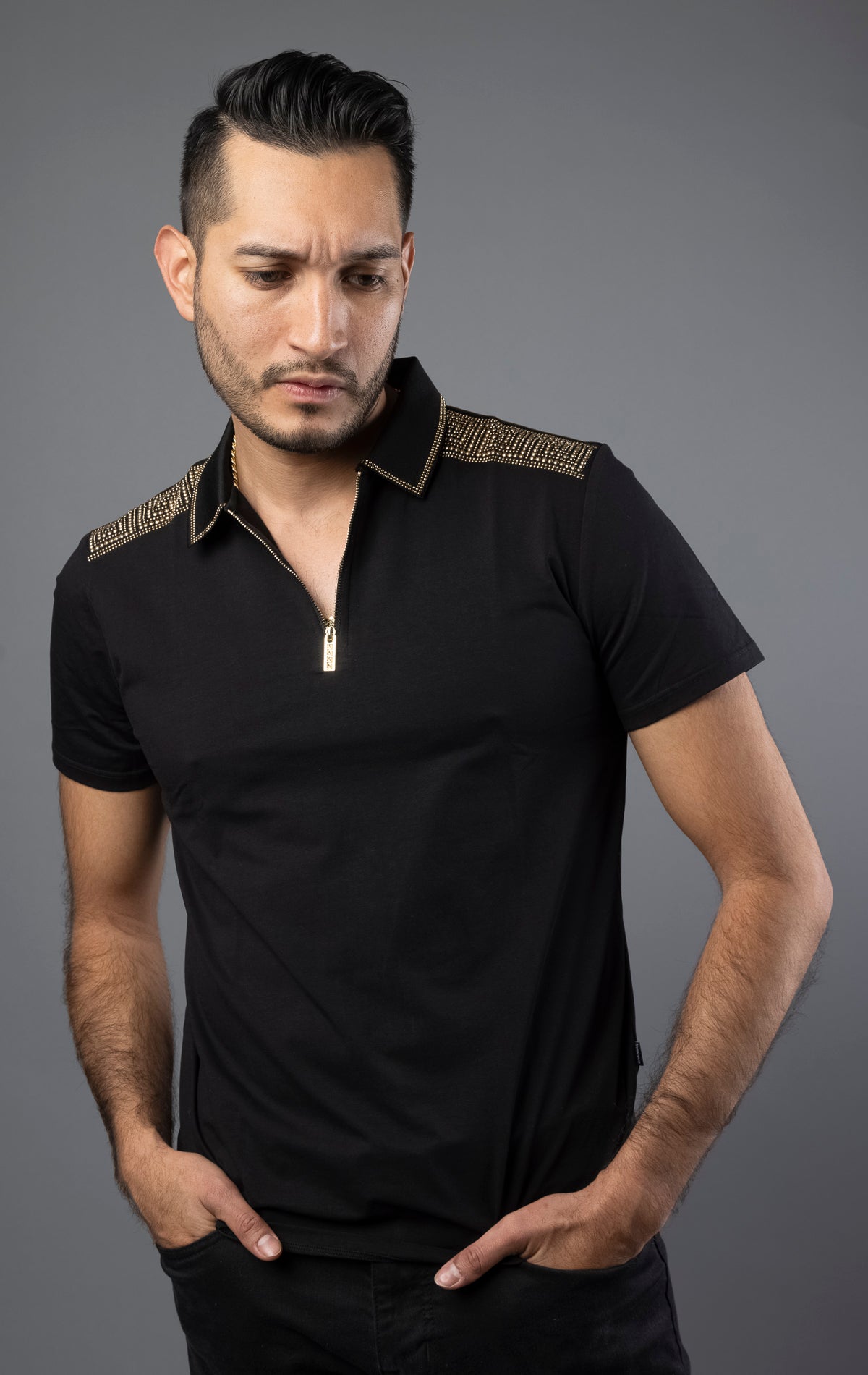 Men's polo shirt with Greek key print and rhinestone design