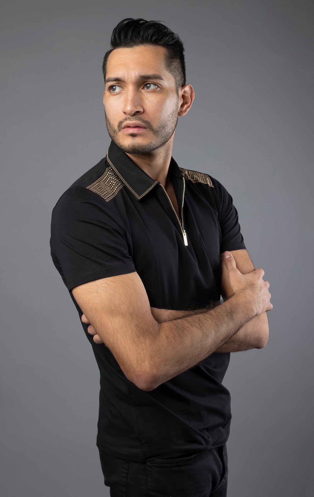 Men's polo shirt with Greek key print and rhinestone design