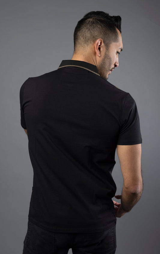 Men's polo shirt with Greek key print and rhinestone design