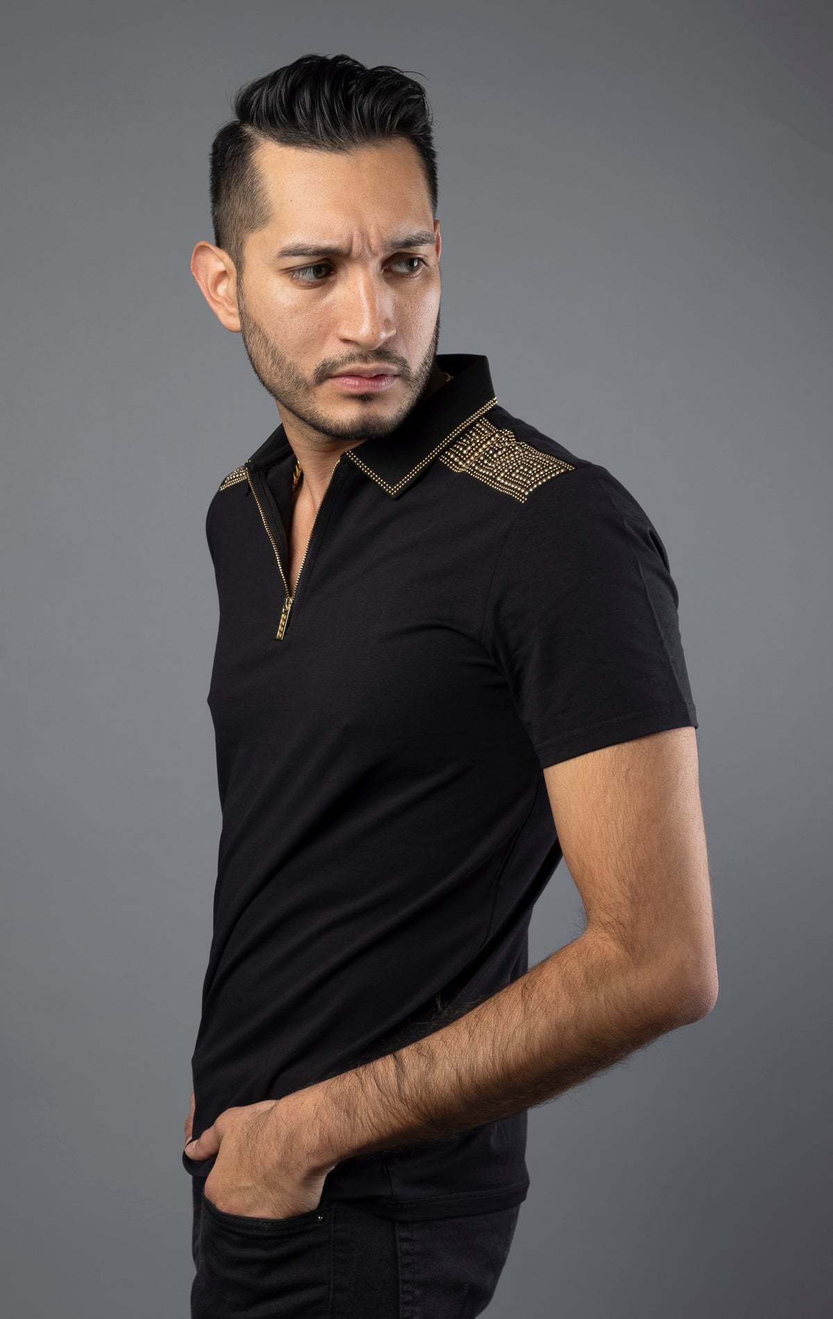 Men's polo shirt with Greek key print and rhinestone design