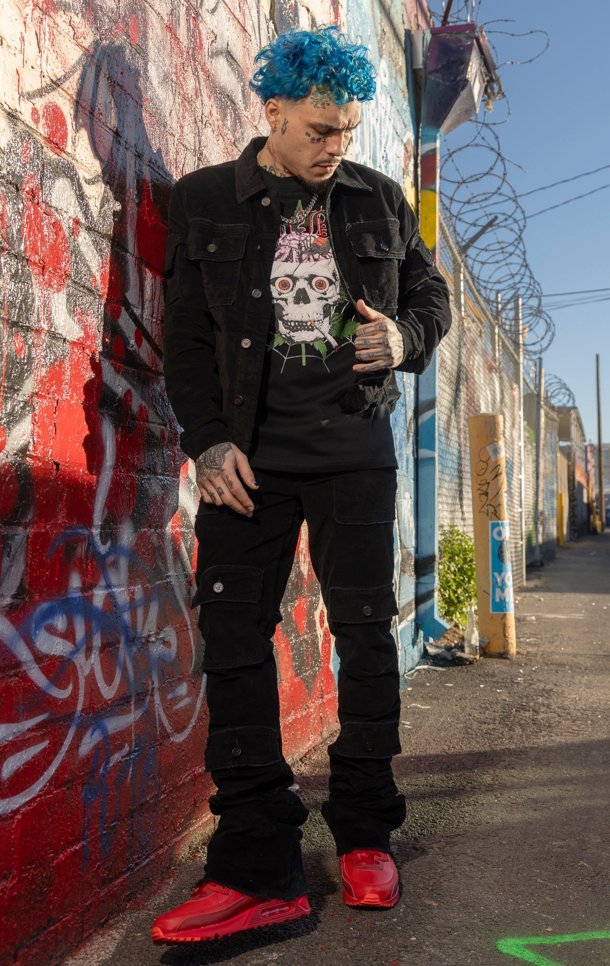 Stacked corduroy black cargo jeans and jacket