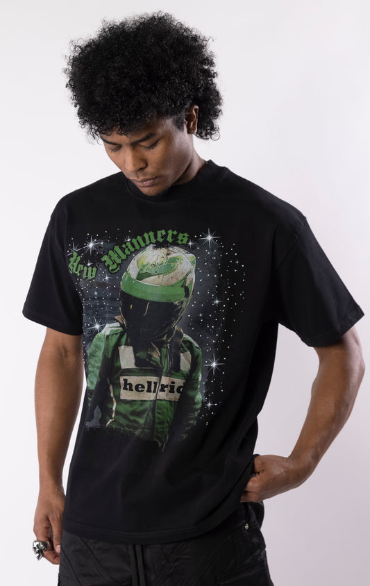 Black t-shirt with a bold graphic of a race-suited rider under a starry night sky, gothic lettering, and a relaxed crewneck fit.