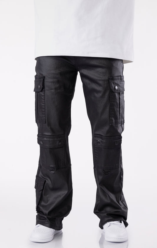 Black wax-coated baggy jeans with multiple cargo pockets and a relaxed fit.