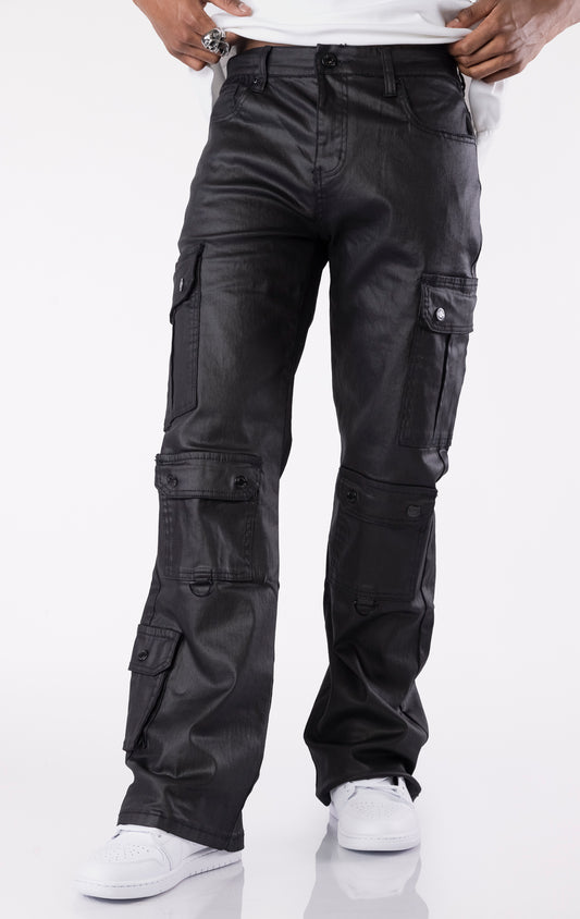 Black wax-coated baggy jeans with multiple cargo pockets and a relaxed fit.