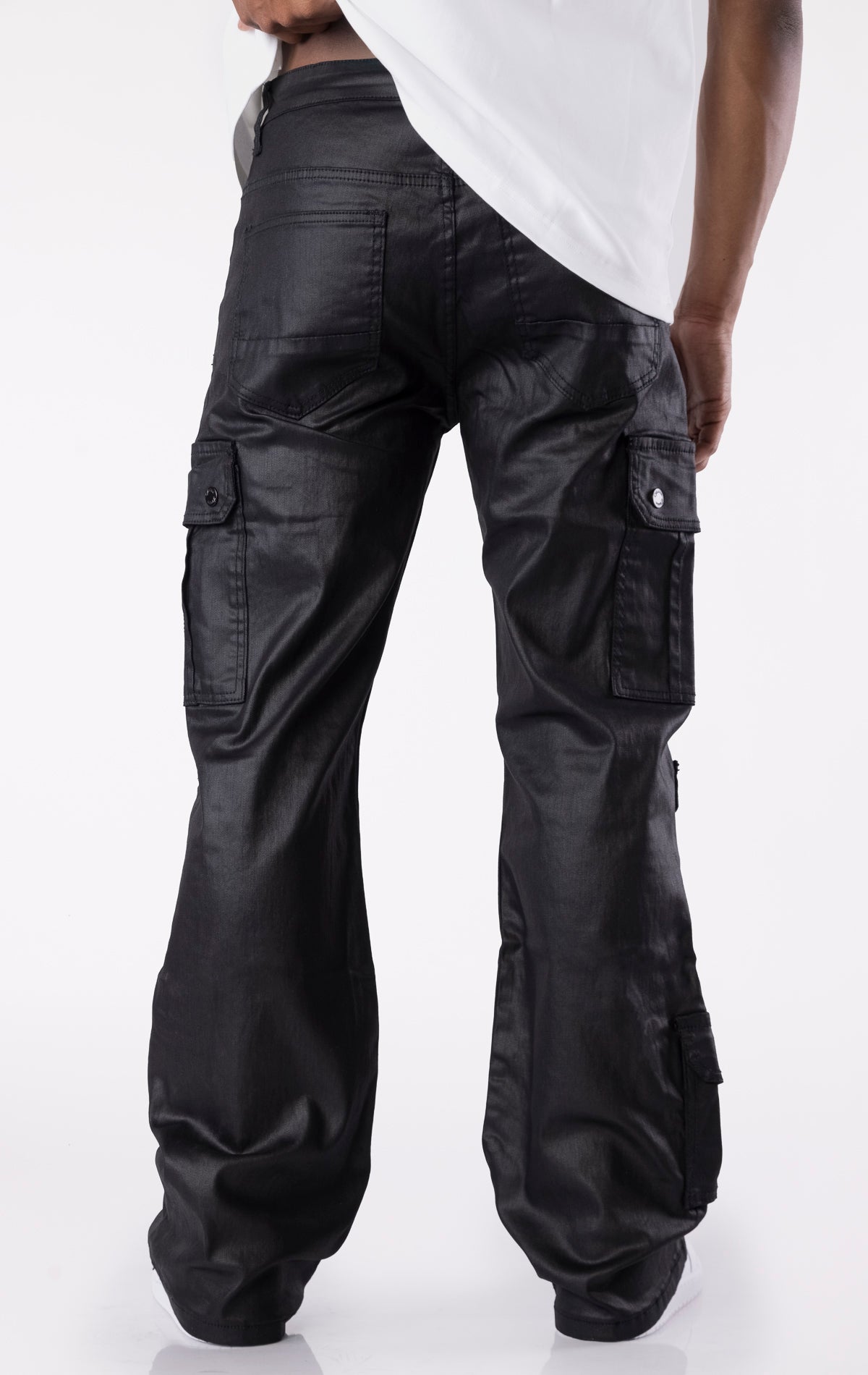 Black wax-coated baggy jeans with multiple cargo pockets and a relaxed fit.