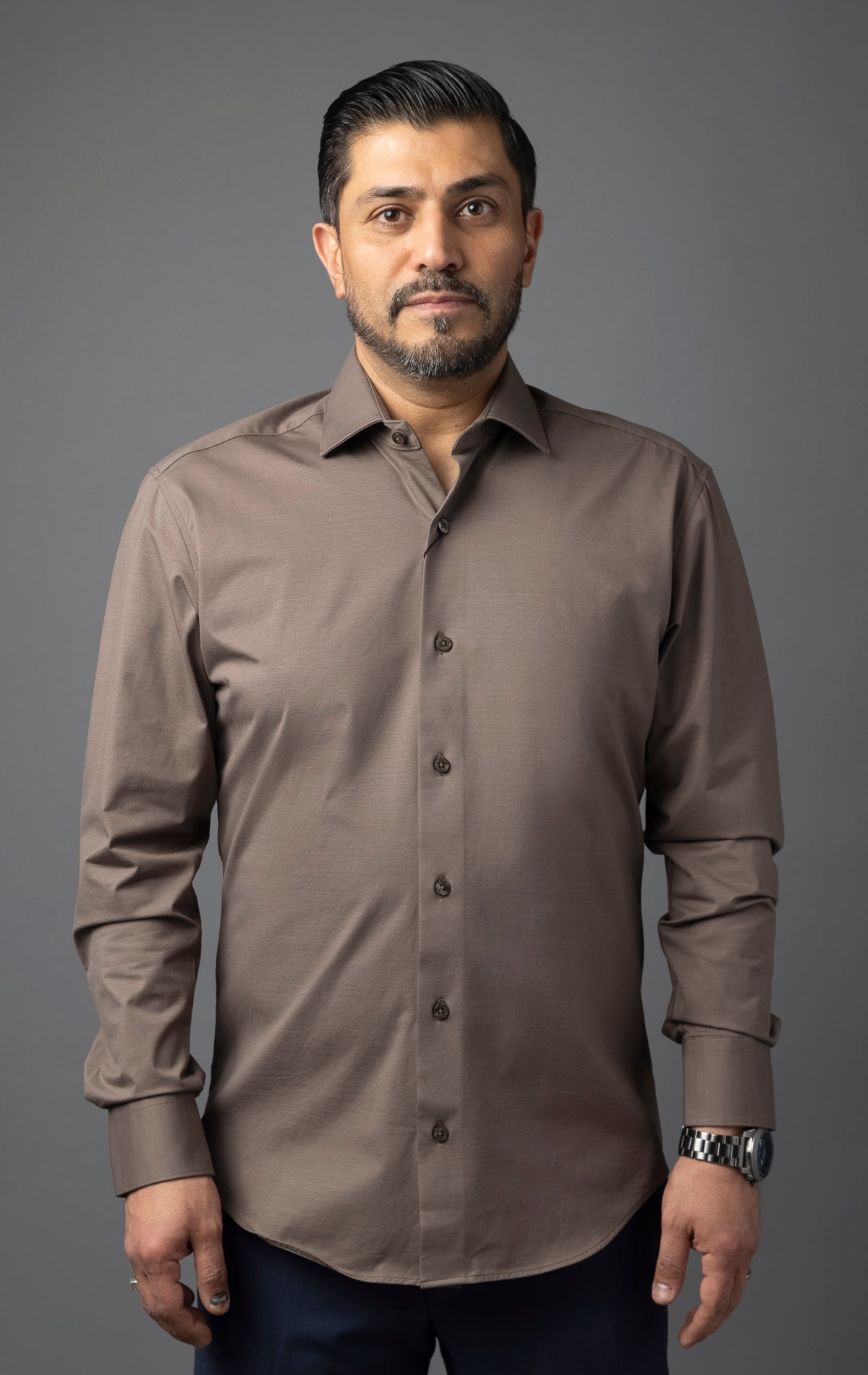 Men's formal brown button-up shirt with long sleeves.