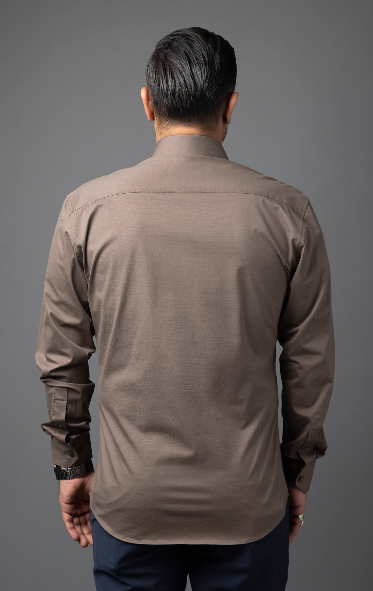 Men's formal brown button-up shirt with long sleeves.