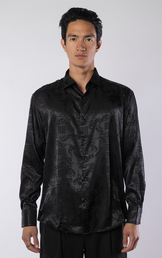 Men’s black long sleeve modern fit dress shirt with contrast cuffs and collar, made from a lightweight 97% polyester, 3% spandex blend.