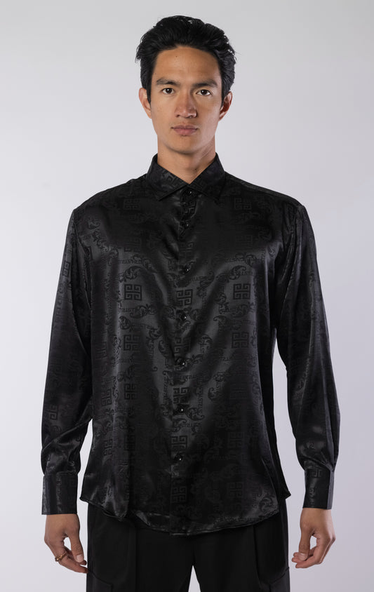 Men’s black long sleeve modern fit dress shirt with contrast cuffs and collar, made from a lightweight 97% polyester, 3% spandex blend.