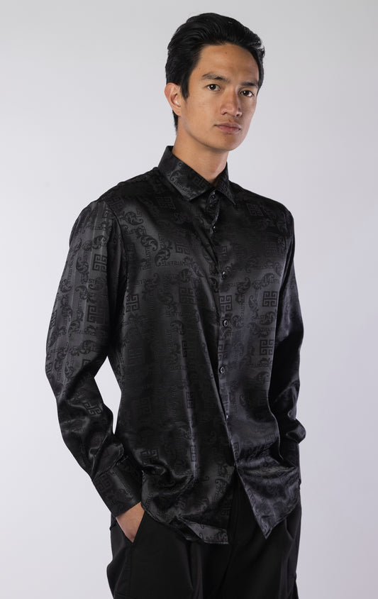 Men’s black long sleeve modern fit dress shirt with contrast cuffs and collar, made from a lightweight 97% polyester, 3% spandex blend.