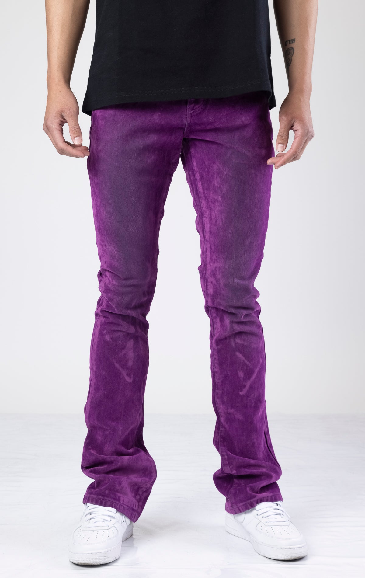 Purple suede stacked flare jeans with a comfortable cotton-spandex blend.