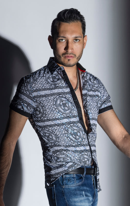 Men's casual, relaxed-fit button-down shirt with a short sleeve design. The shirt features an all-over Greek key pattern and a front button closure.