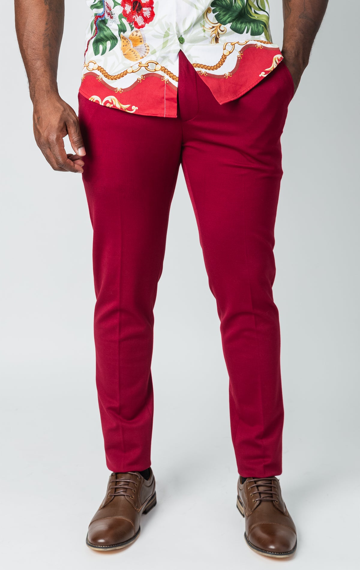 Red dress pants with elastic waistband technology