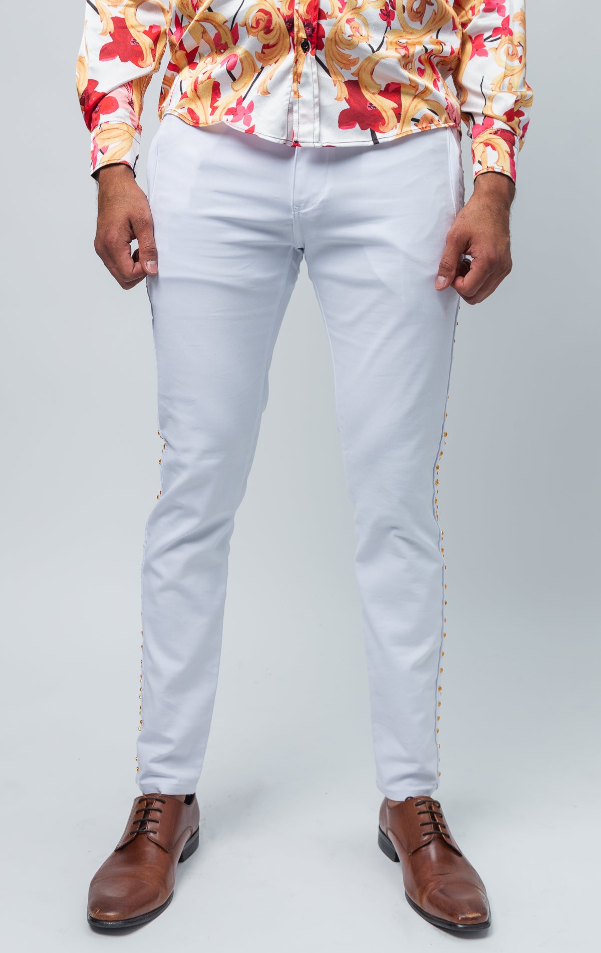 White pants with gold rhinestones 