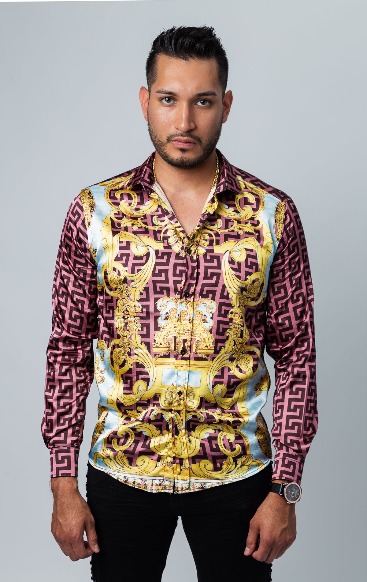 Men's lightweight long-sleeve button-up shirt in a variety of colors and patterned prints. The shirt is made from a lightweight fabric and features long sleeves, a classic button-up closure, and a patterned print design.