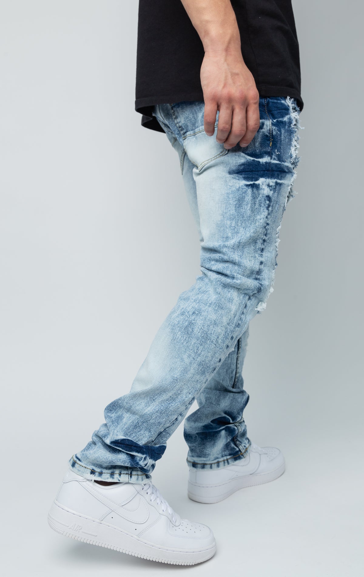 Ice blue ripped jeans.