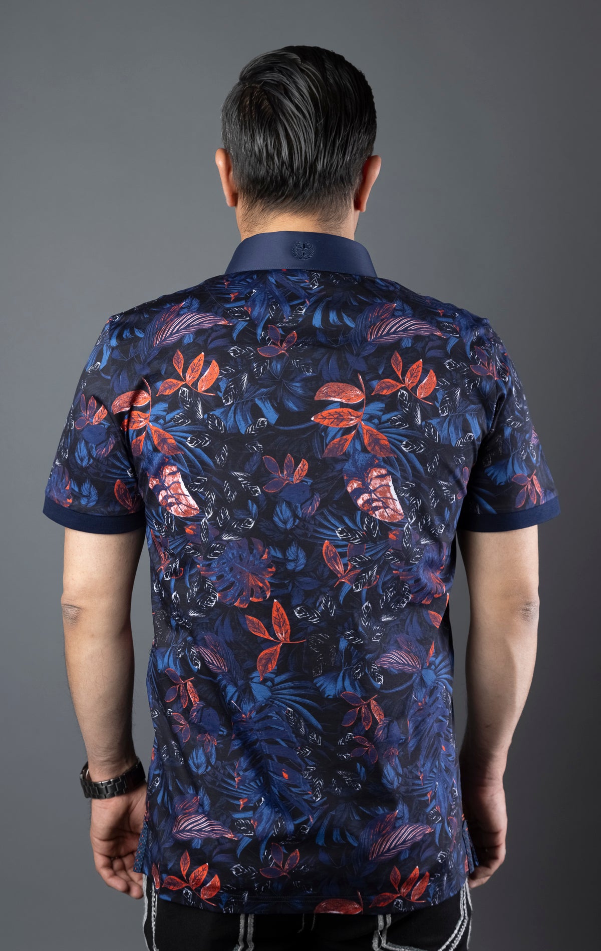 Men's casual dress polo shirt with contrast collar and embroidery, made from light and breathable 100% mercerized cotton, red blue contrast, polo shirt.