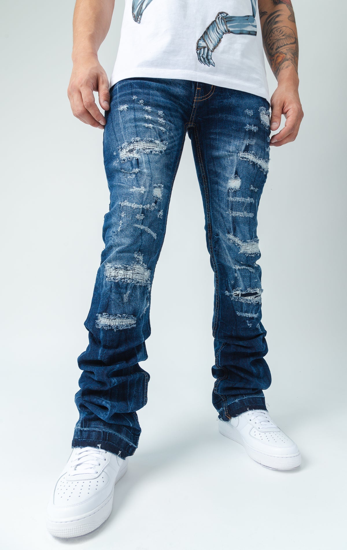 Worn down stacked denim in blue