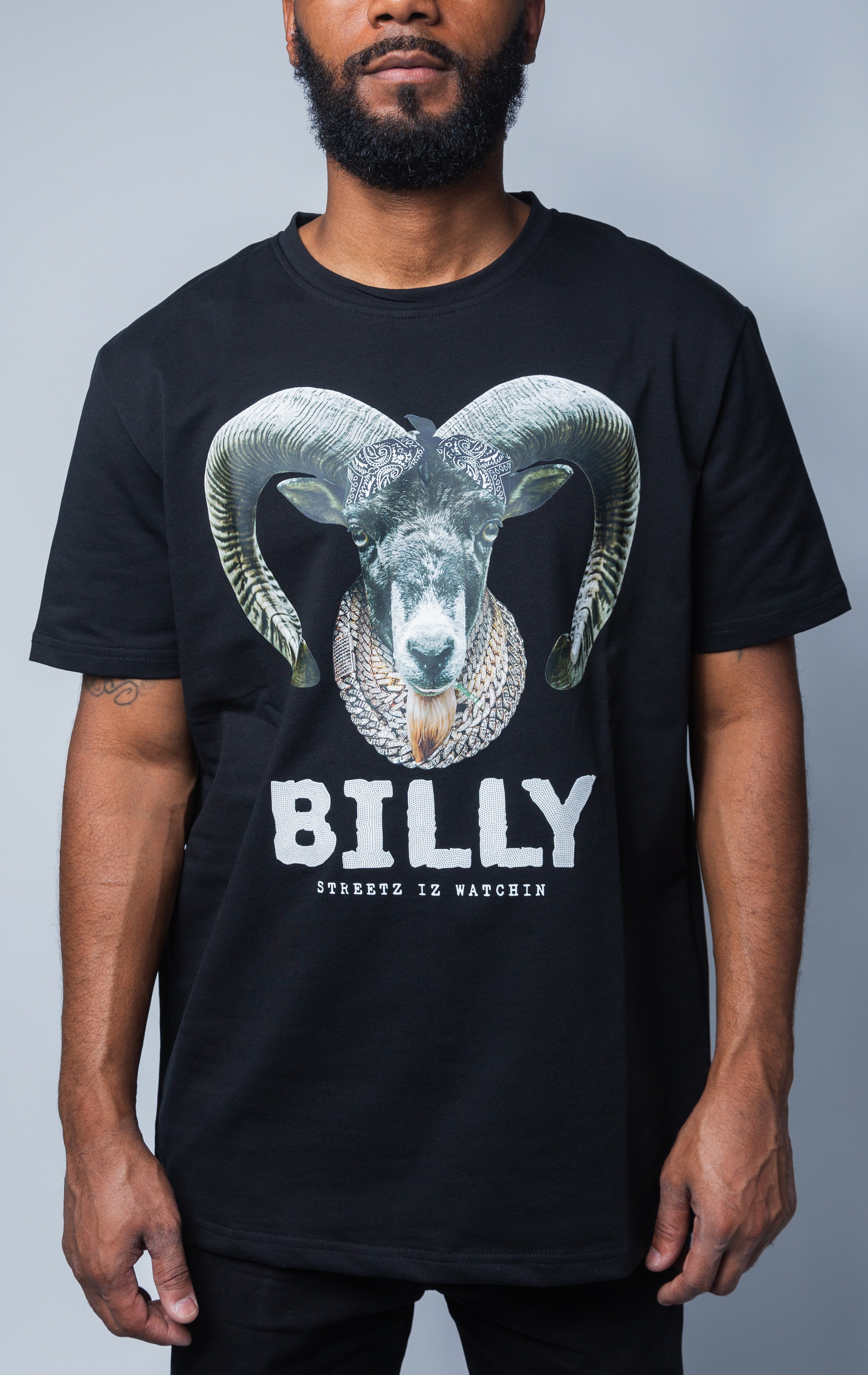 Black Billy short sleeve, crewneck collar T-shirt with goat graphic