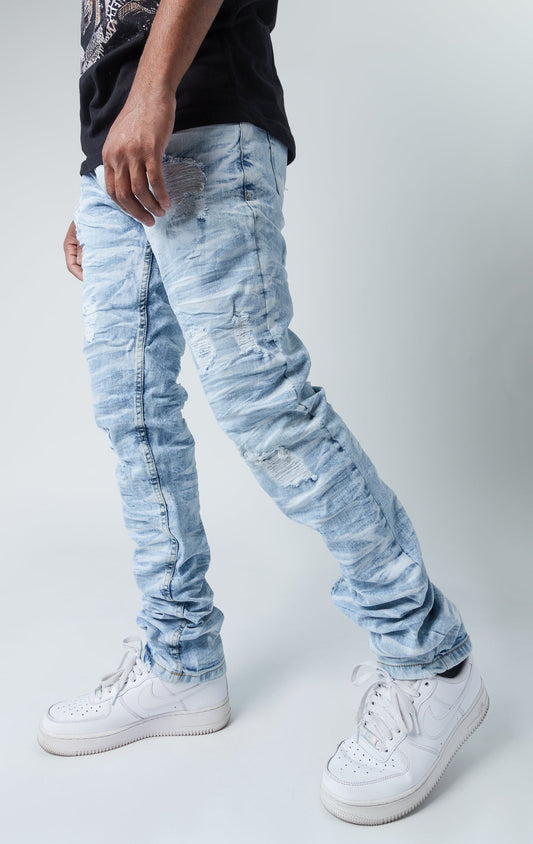 Ice blue ripped low-waisted and slim jeans.