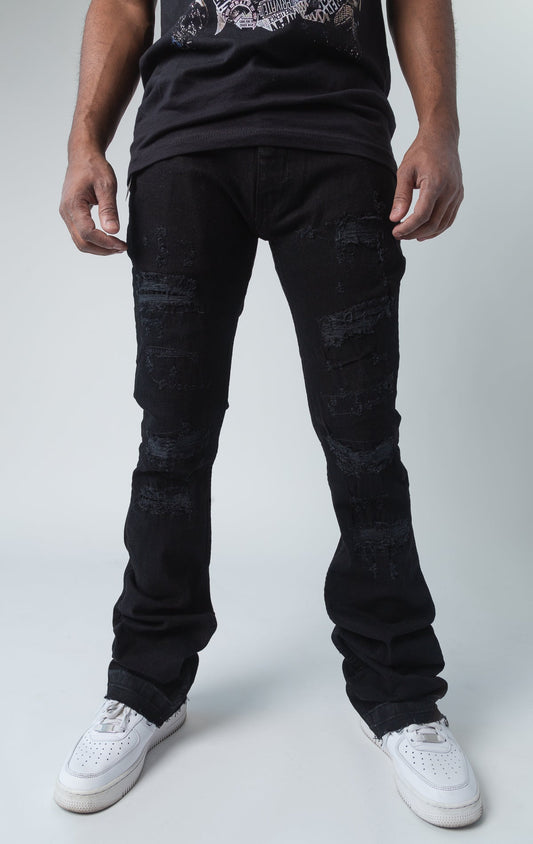 Worn down stacked denim in black