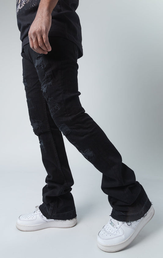 Worn down stacked denim in black