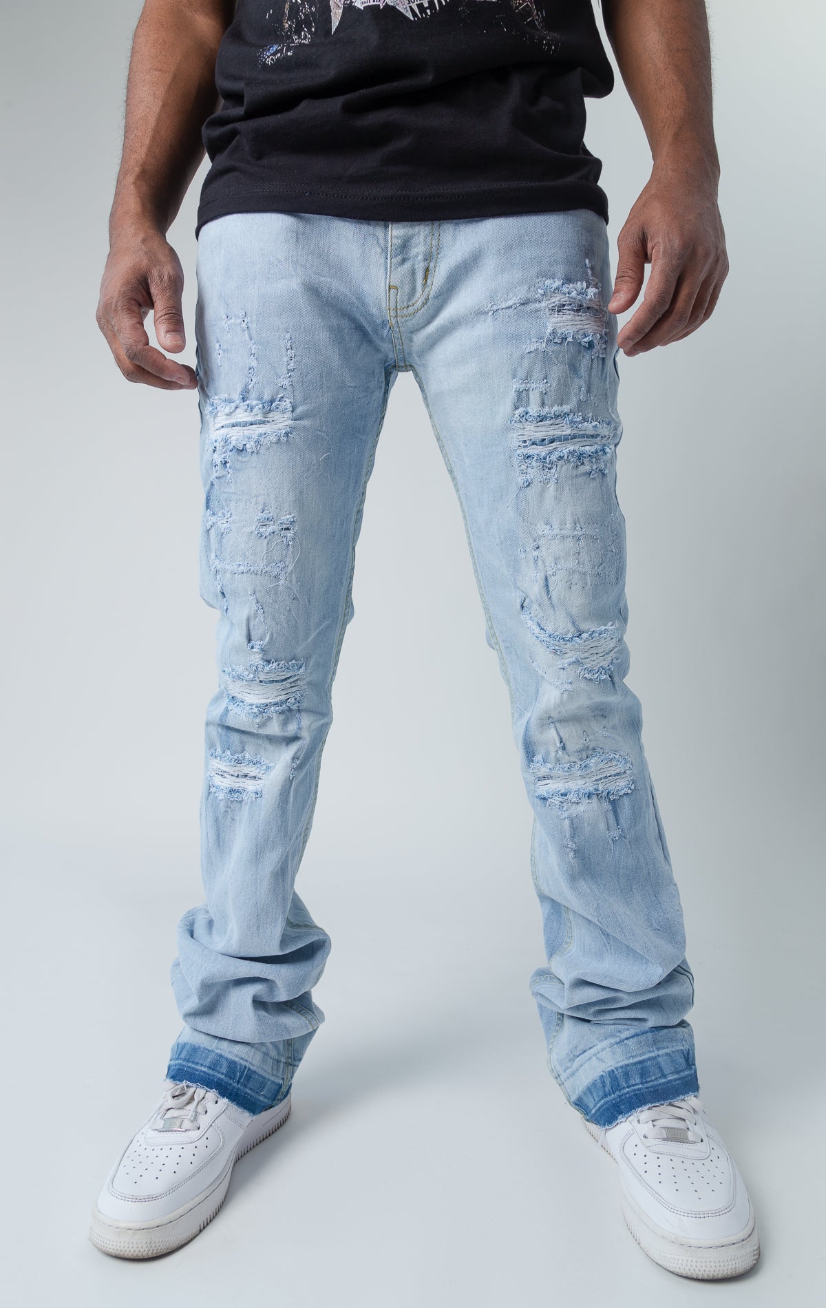 Worn down stacked denim in ice blue