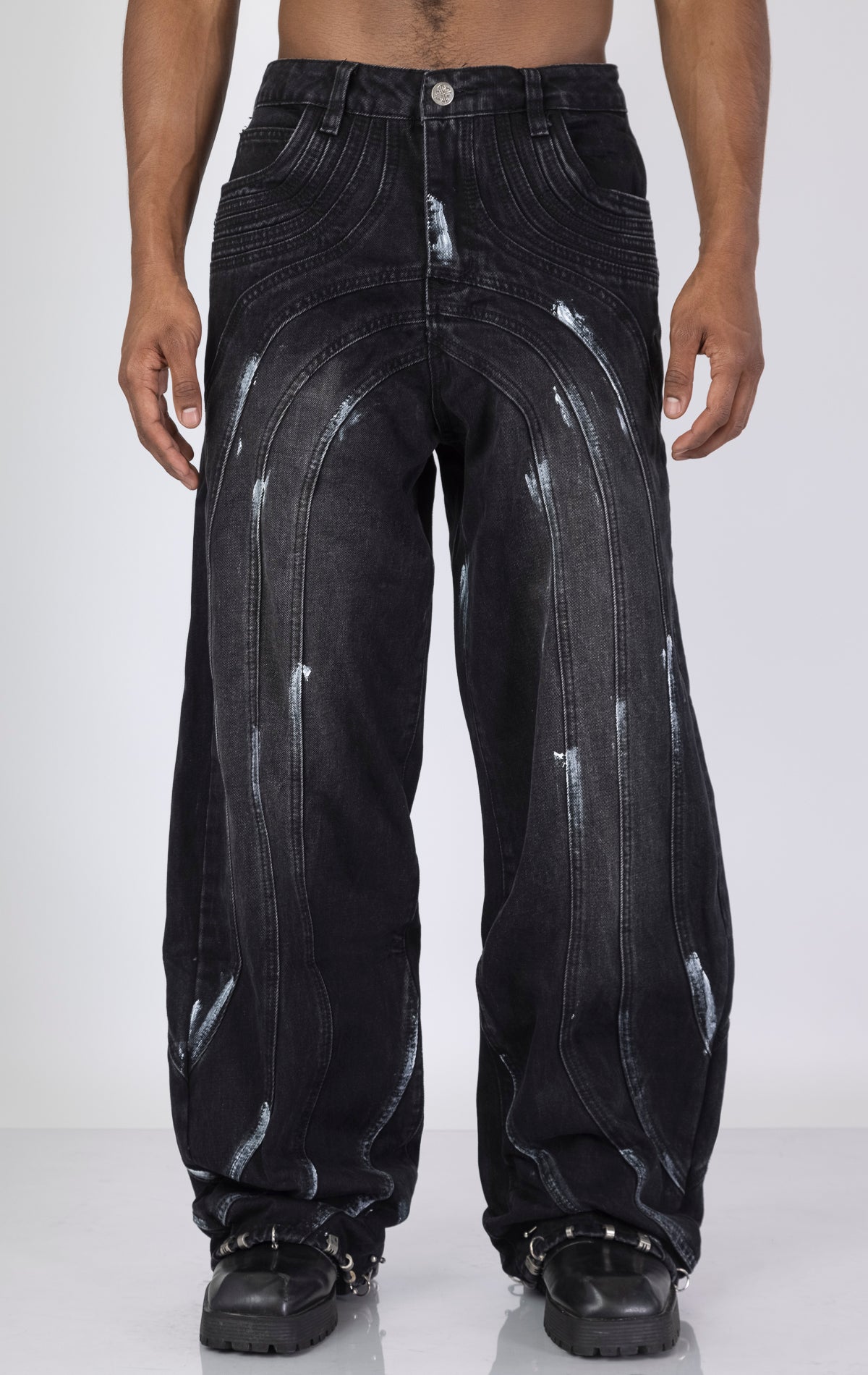 Iron Grey Baggy Pants with chain detail. Features a relaxed fit and a sleek iron grey color.