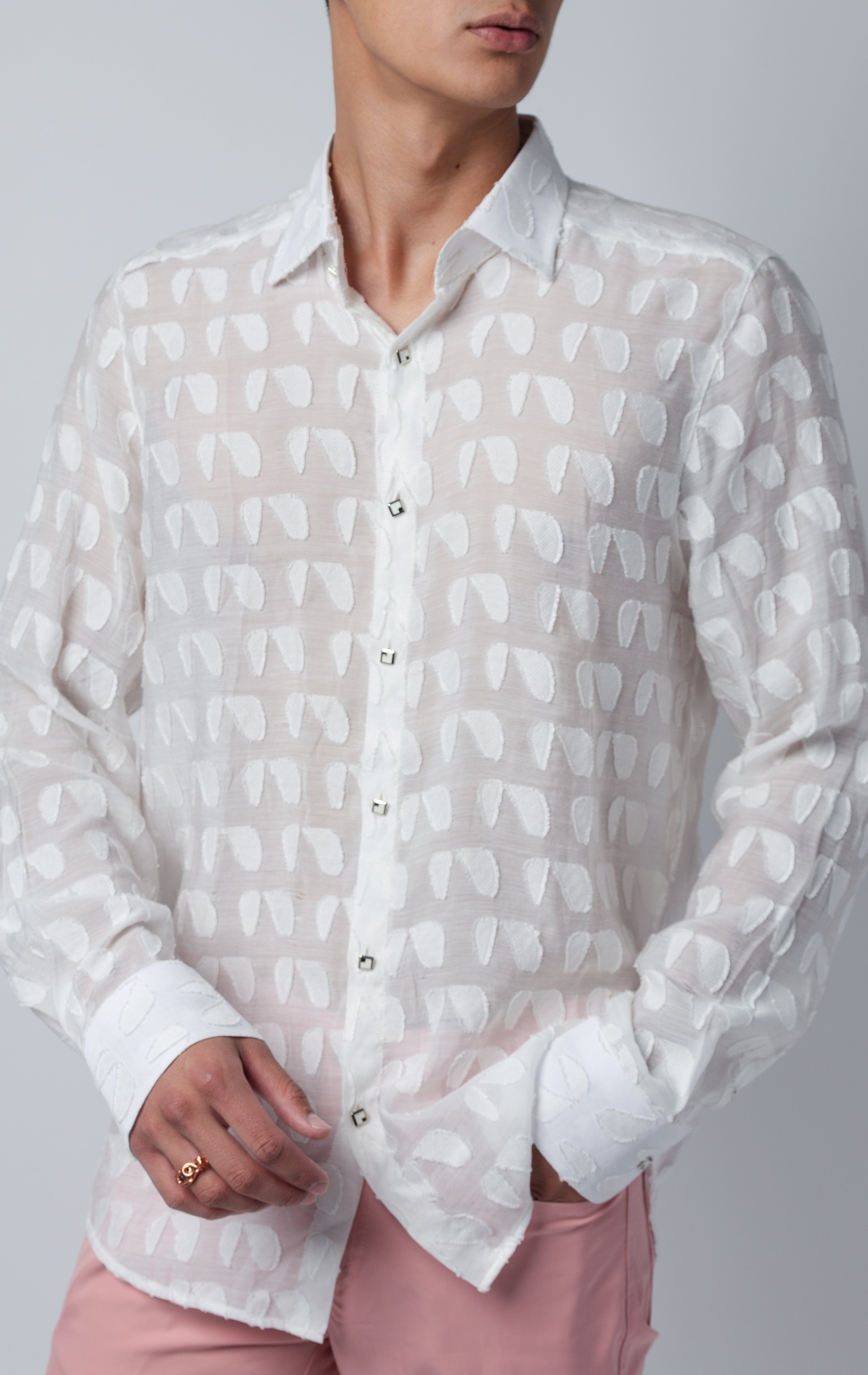 Unique long sleeve button up shirt in white