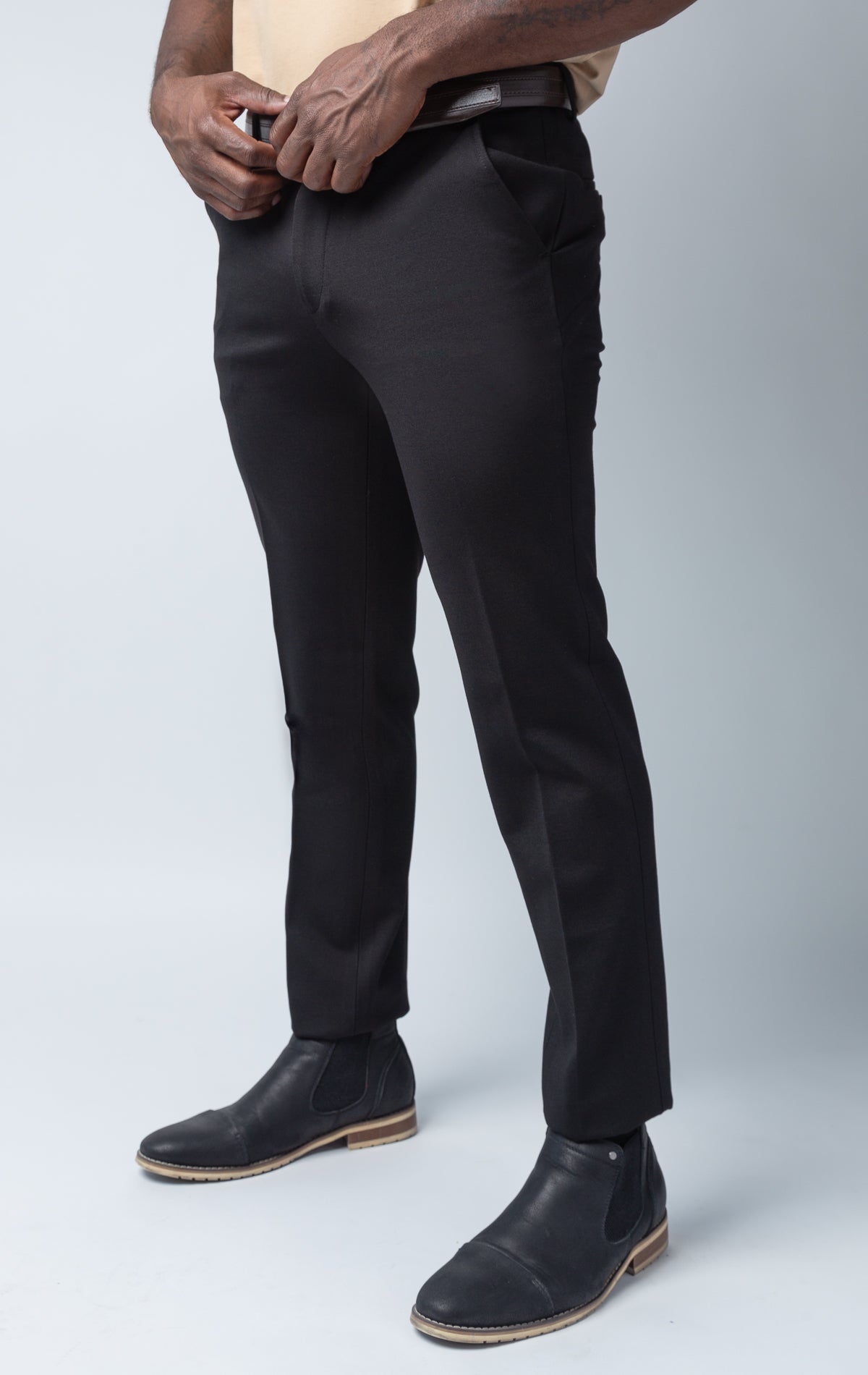 Men's basic solid color chino dress pants with elastic waistband technology in multiple colors
