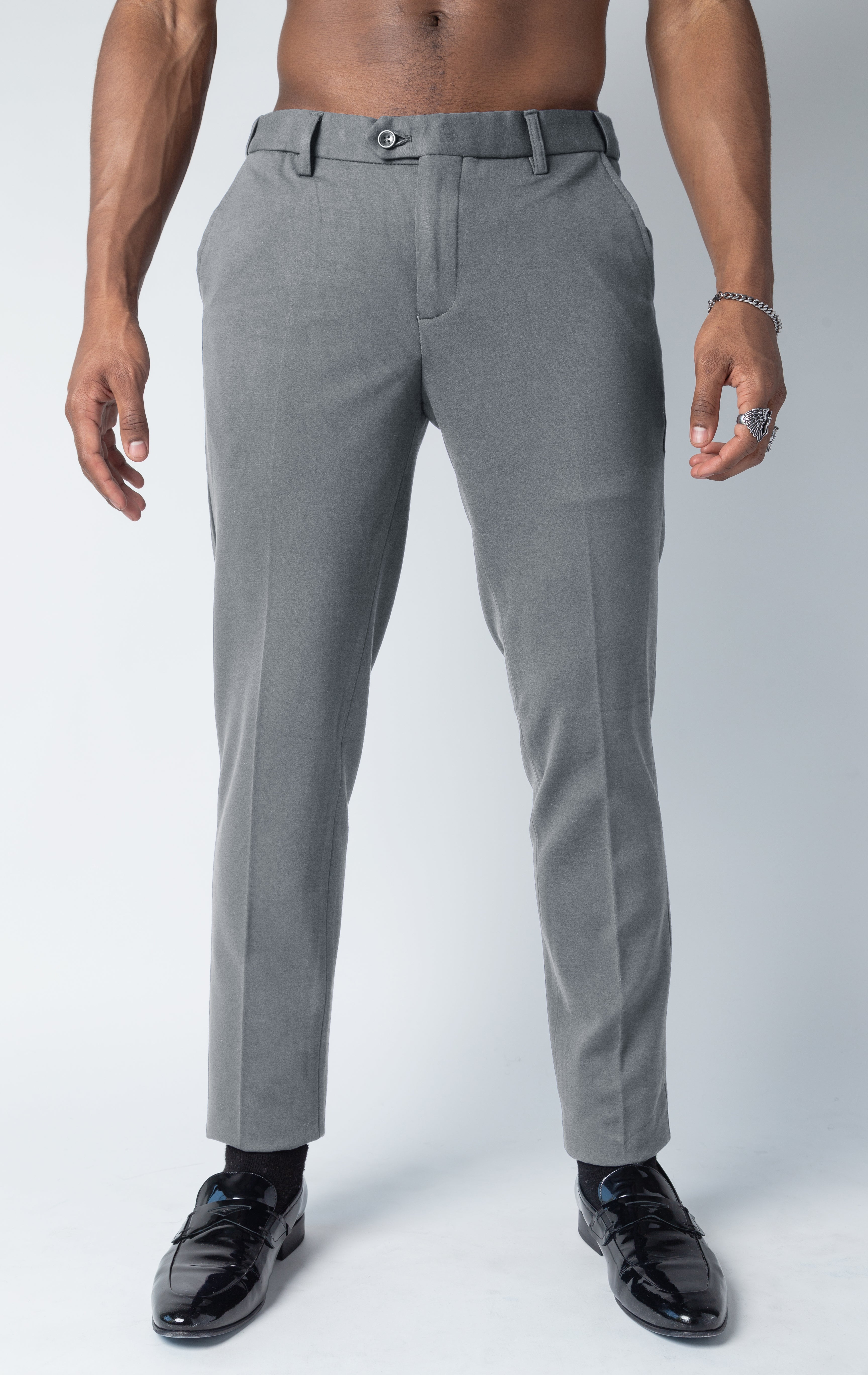 Gray dress pants with elastic waistband technology