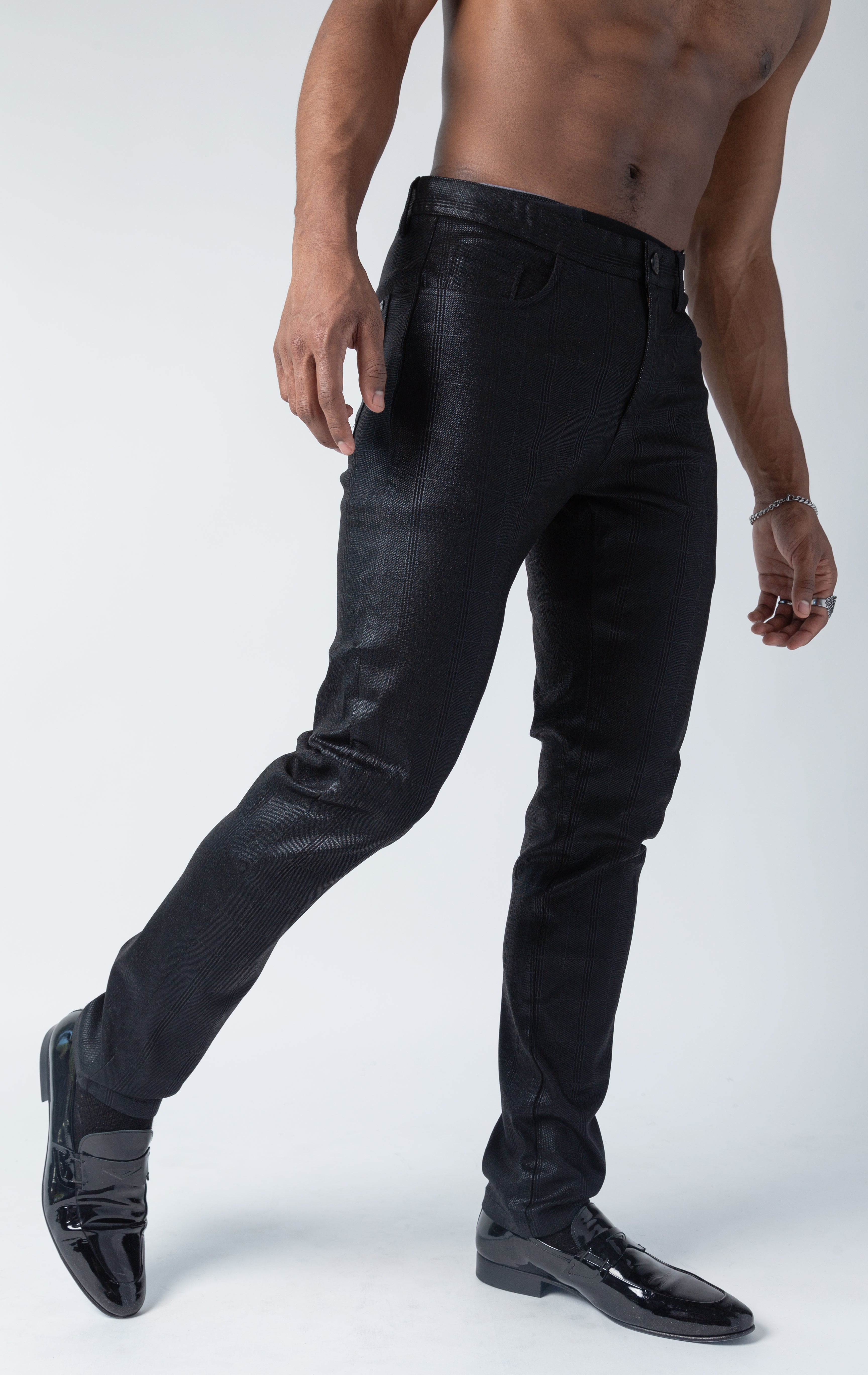 Black glossy sheen, stretchy and leather-like pants