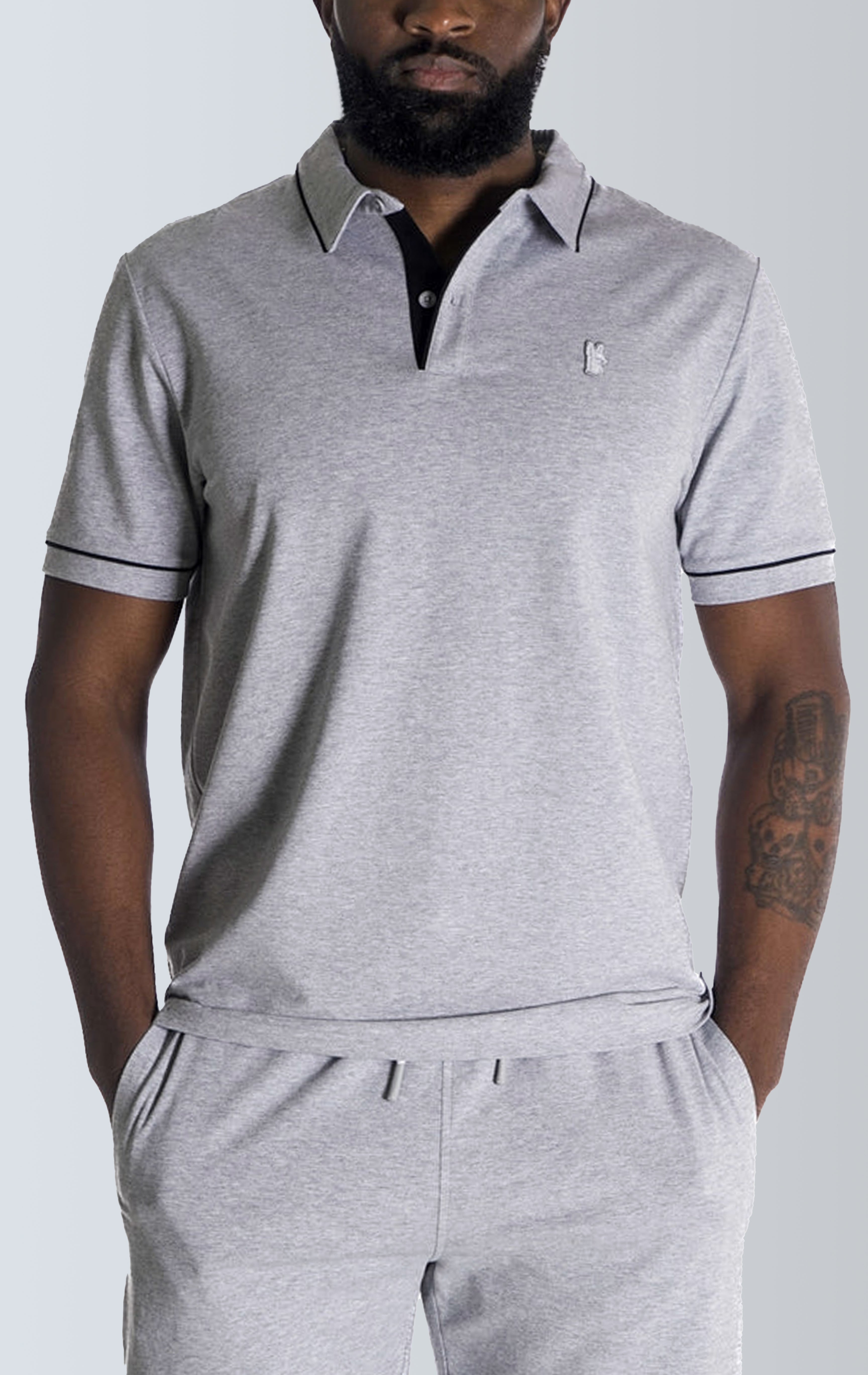 gray Luciano stretch premium jersey polo shirt with collared detailing, short-sleeved composition, three button front fastening. MAKOBI custom made design