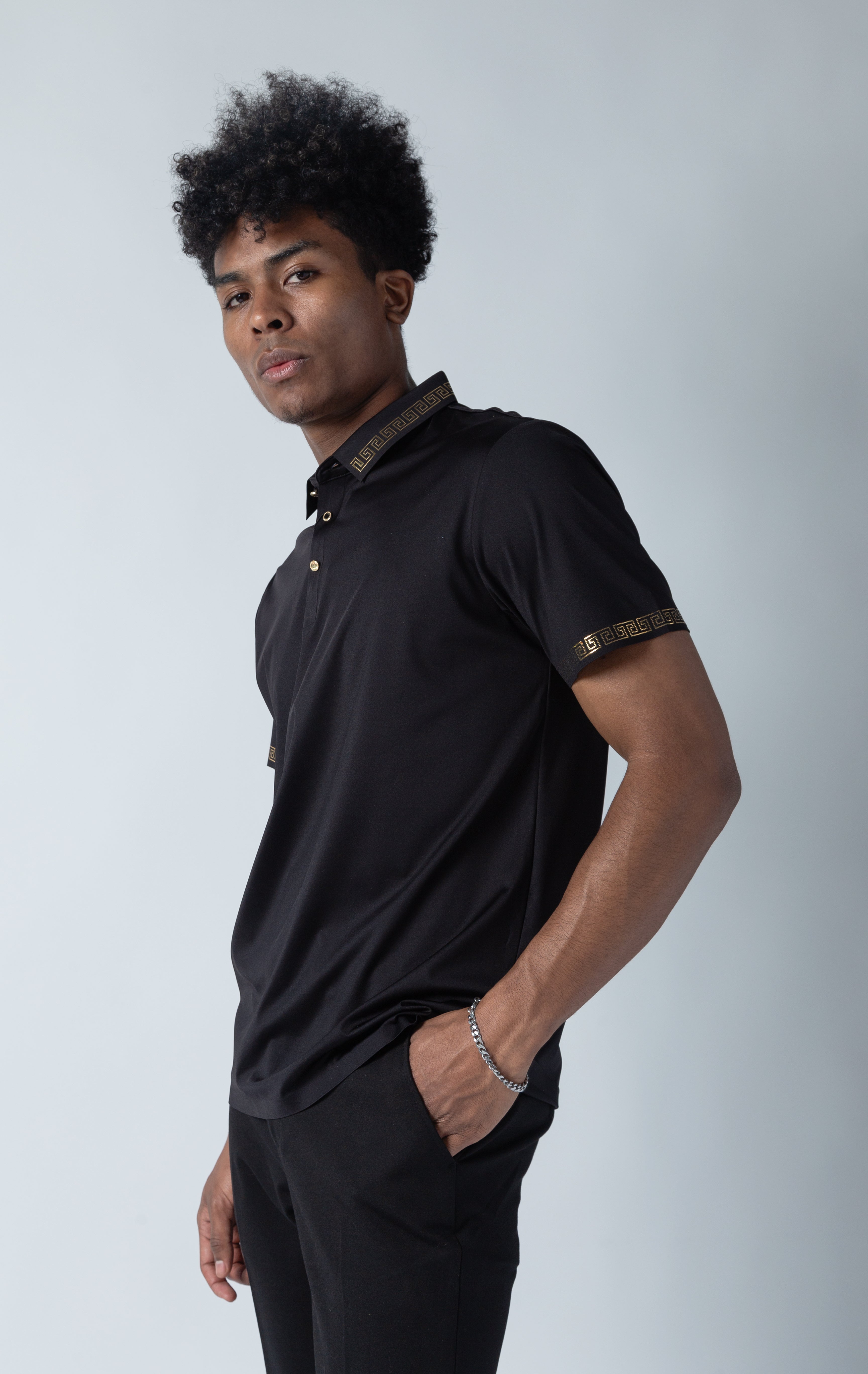 Greek key pattern luxury black polo shirts with the lines of rhinestone on the collar.