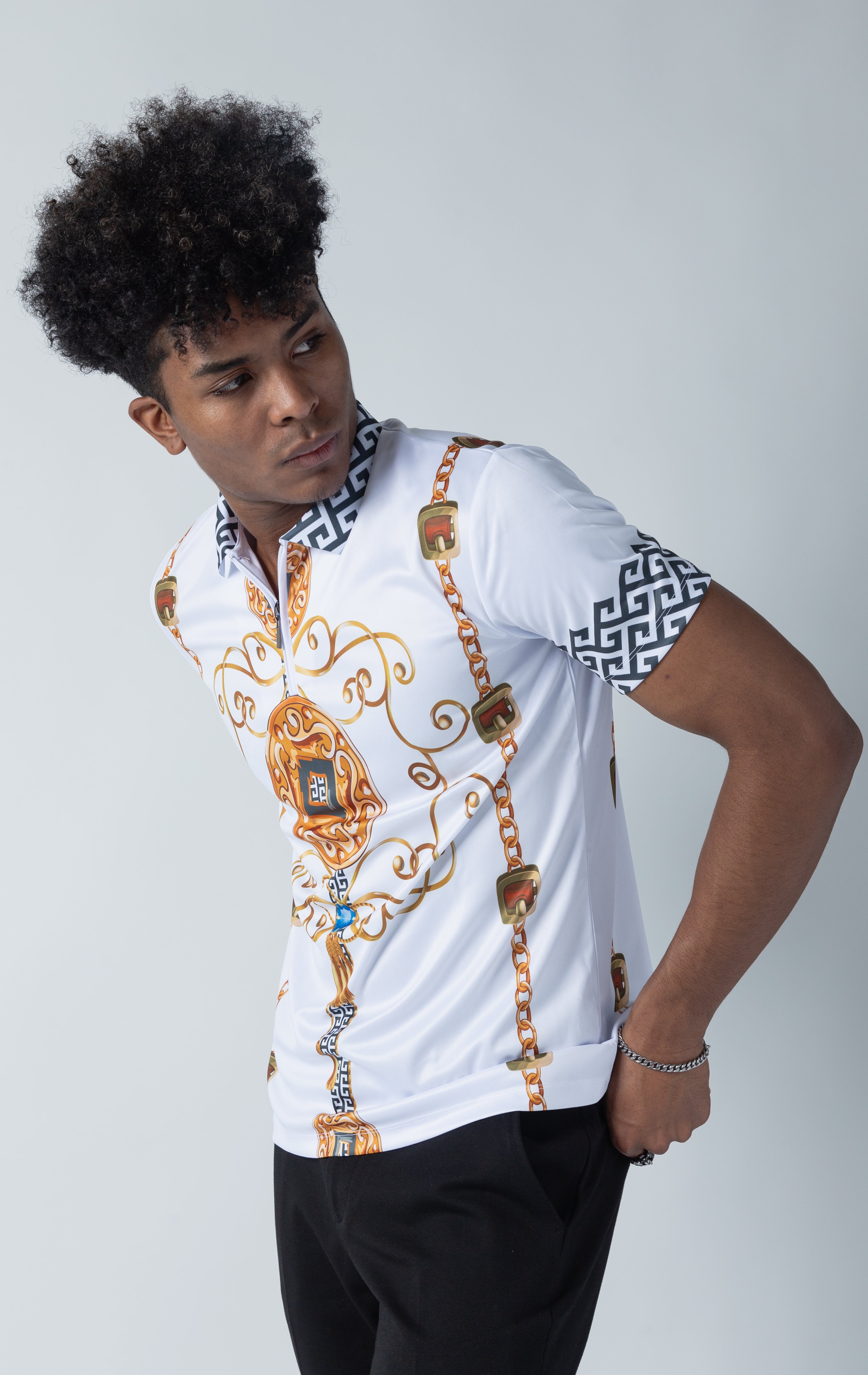 Graphic polo shirt with a stylish zipper closure.