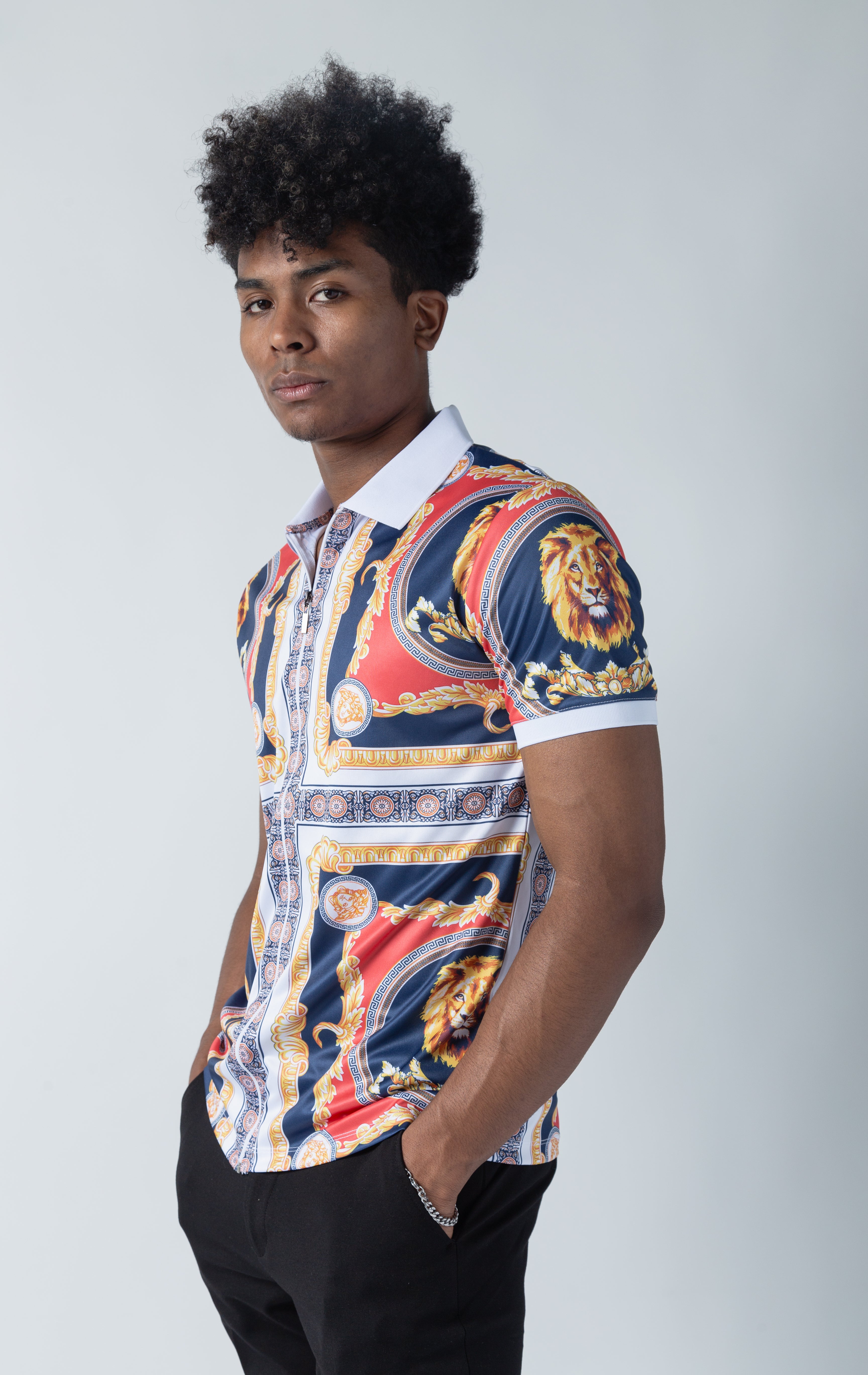 Patterned polo shirt with full length zipper closure.